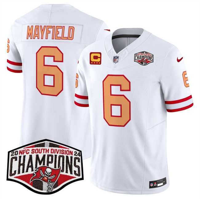 Mens Tampa Bay Buccaneers #6 Baker Mayfield White F.U.S.E. 2024 NFC South Champions With 4-Star C Patch Limited Stitched Jersey